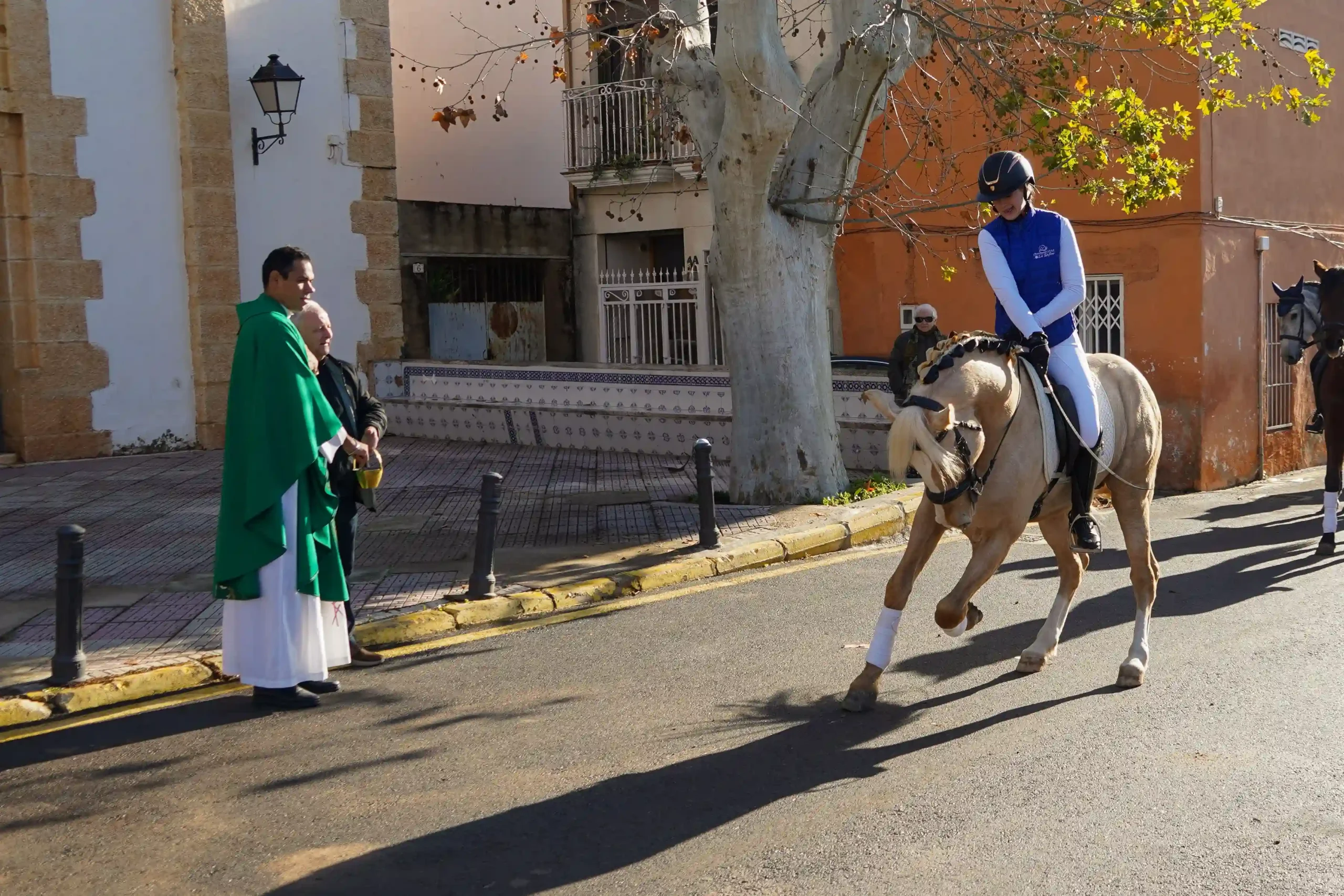 Momento de la bendición de un caballo frente al sacerdote durante Sant Antoni en Marxuquera
