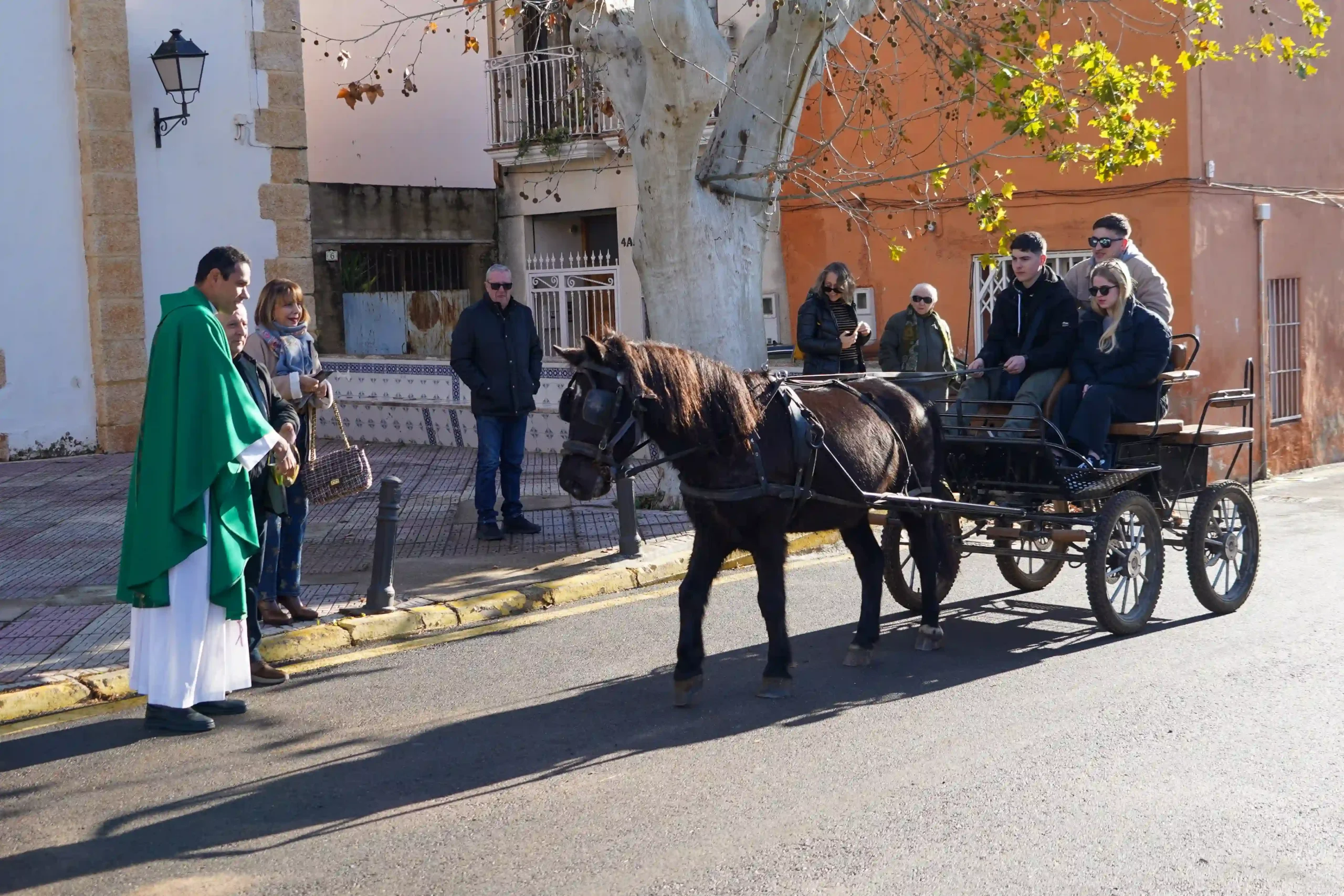 Carro tirado por un caballo negro pasando por la bendición en Sant Antoni 2025 en Marxuquera.