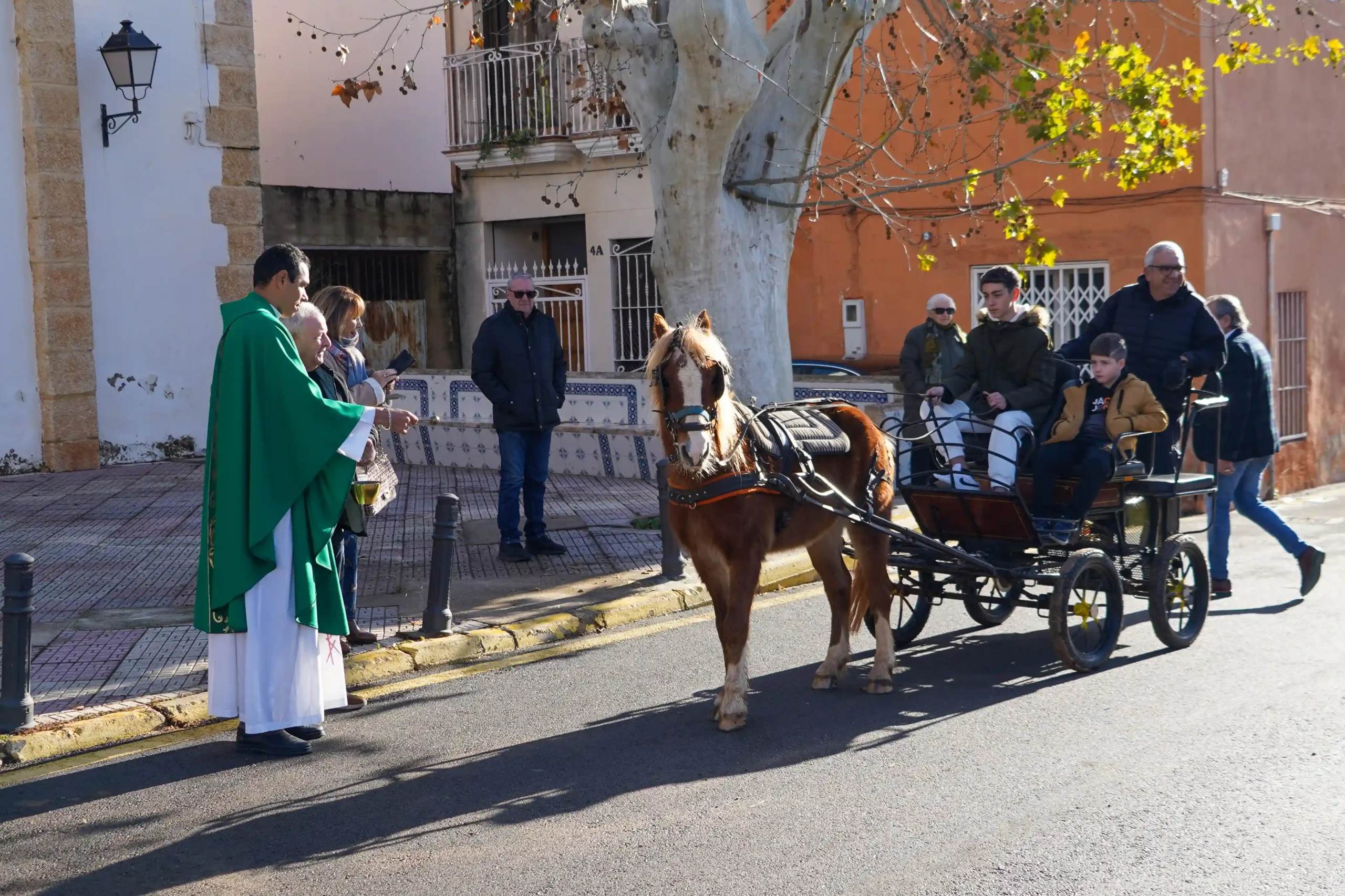Carro tirado por un poni recibiendo la bendición en Sant Antoni 2025 en Marxuquera.