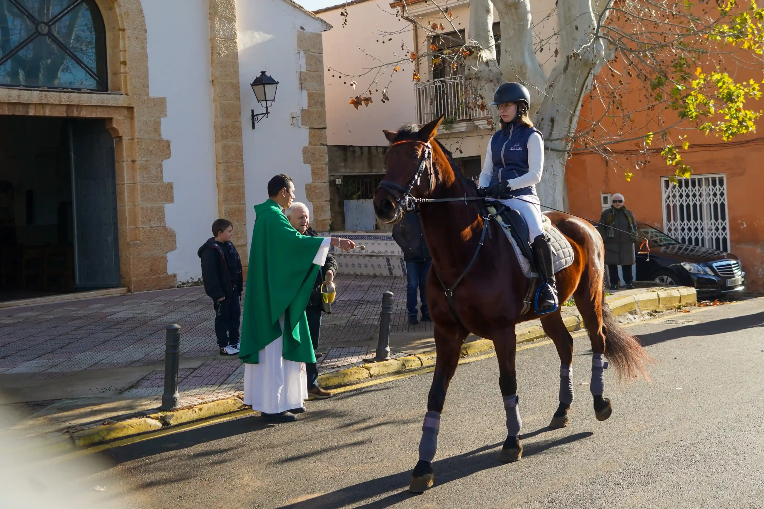 Jinete con chaleco azul montando un caballo oscuro frente al cura en Sant Antoni 2025.