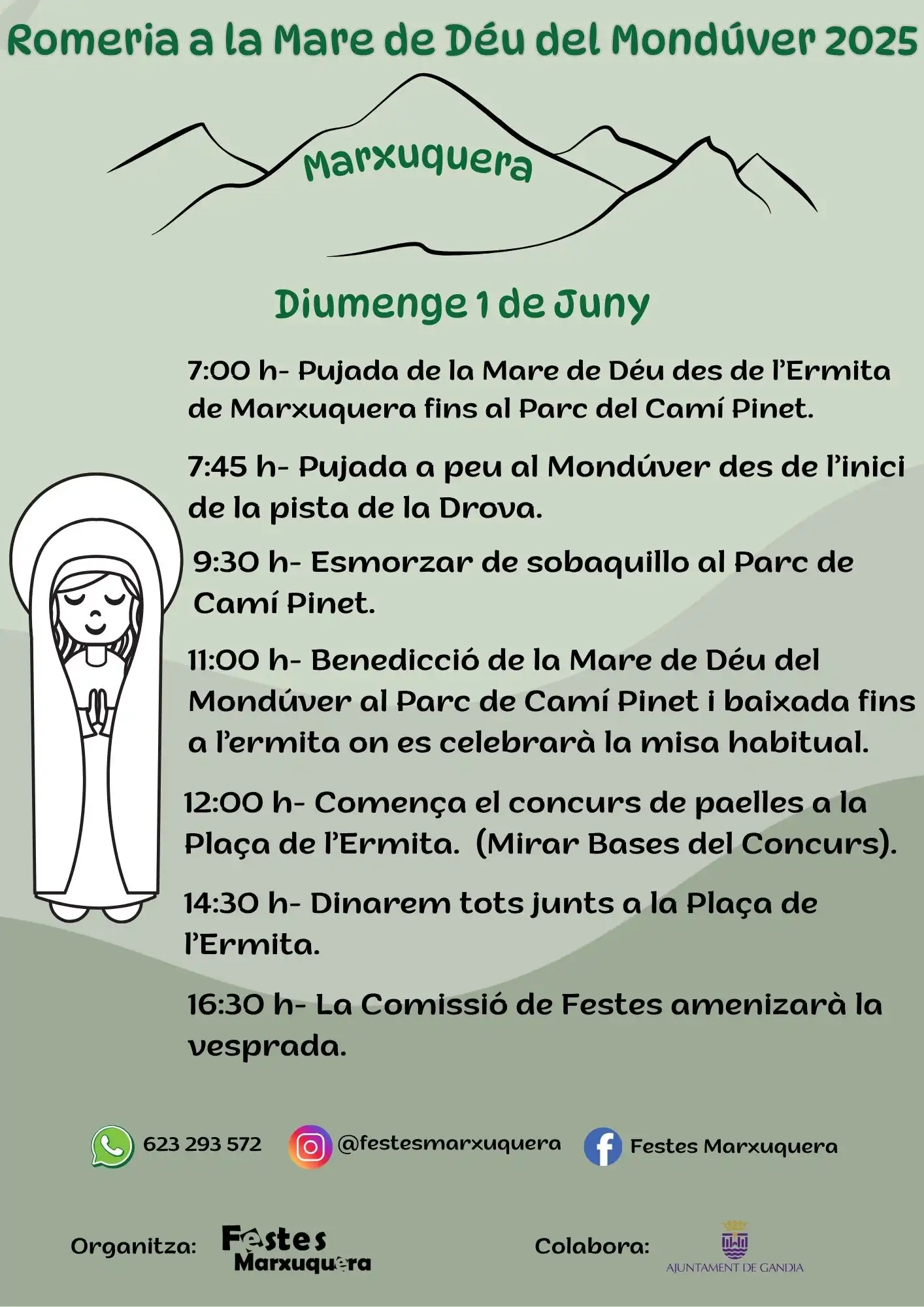 Cartel de la romería a la Mare de Déu del Mondúver 2025 en Marxuquera con actividades, horarios y recorrido.