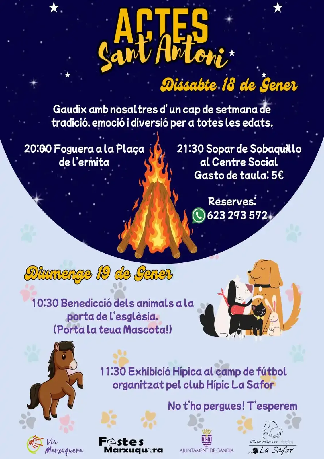 Cartel de los actos de Sant Antoni 2025 en Marxuquera con hoguera el sábado 18 de enero a las 20:00h, cena popular a las 21:30h y el domingo 19 bendición de animales y exhibición hípica a partir de las 10:30h.